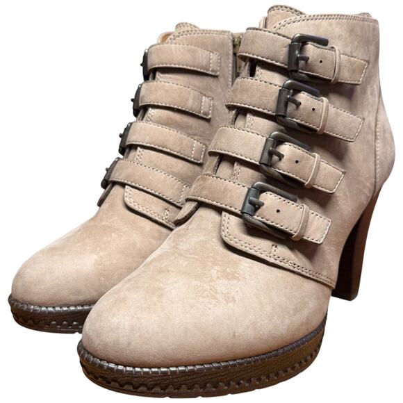 SOFFT Antica Women's 8.5 Leather Stone Taupe Buckle Strap Heeled Ankle Boots - Picture 2 of 15